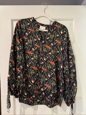 cinq a sept Black Floral Tie-Sleeve Blouse with nude & Orange Blooms